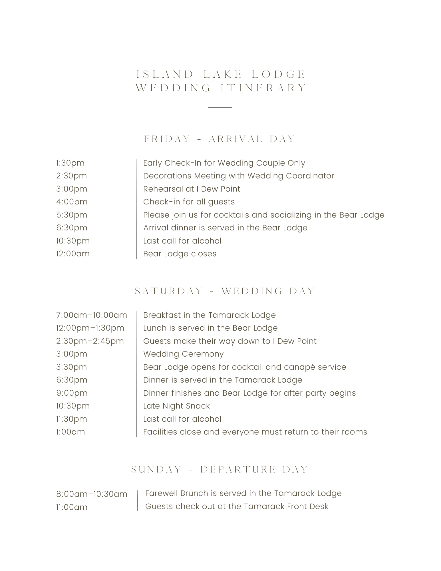 Wedding Itinerary 